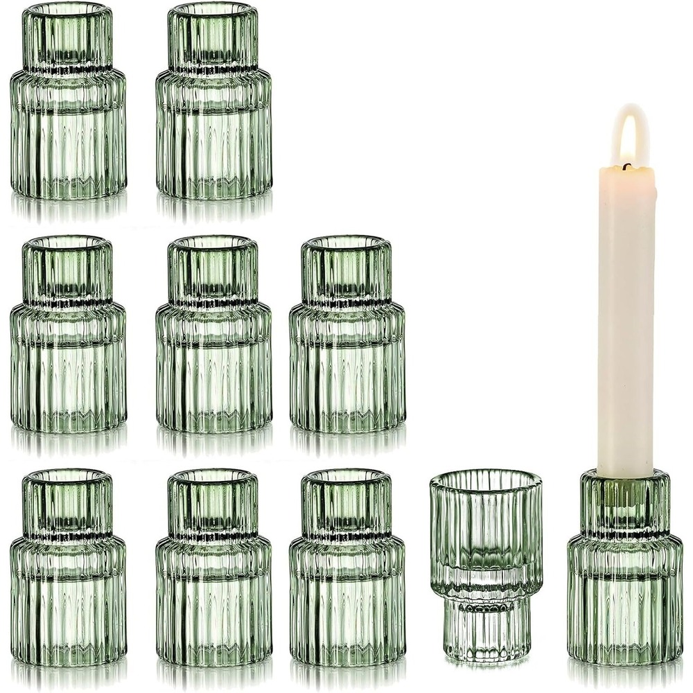 Glass Candle Sticks Holder‎ Decor: Crystal Green Glass Candle Holder - Set of 6